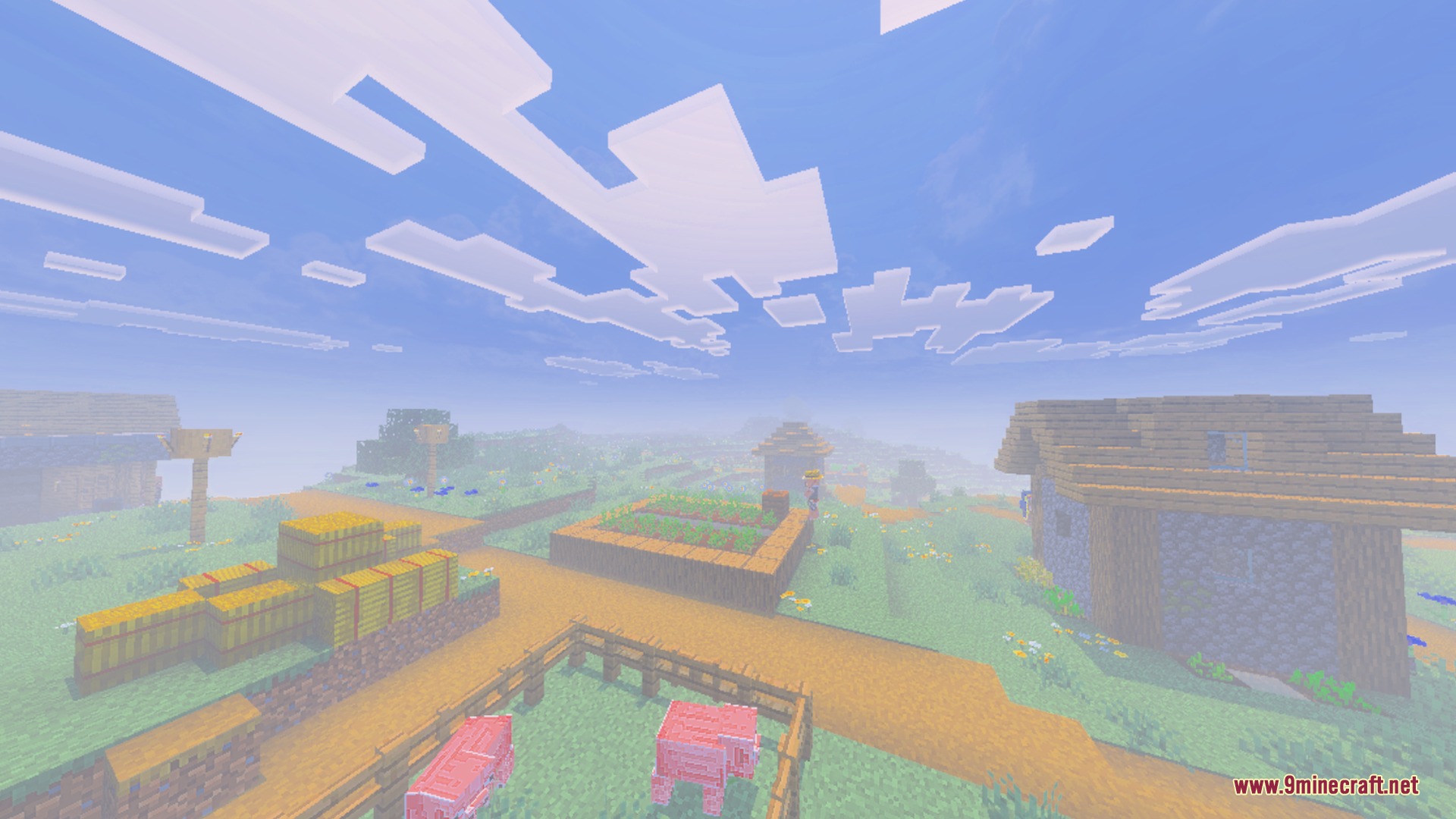D’ Shader for Low End Phones Shader Screenshot 5 A foggy Minecraft village featuring a small farm and pigs in pens