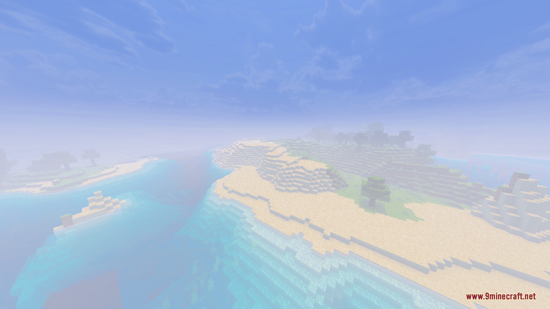 D’ Shader for Low End Phones Shader Screenshot 7 Bright atmospheric fog covers a sandy beach and clear water in Minecraft