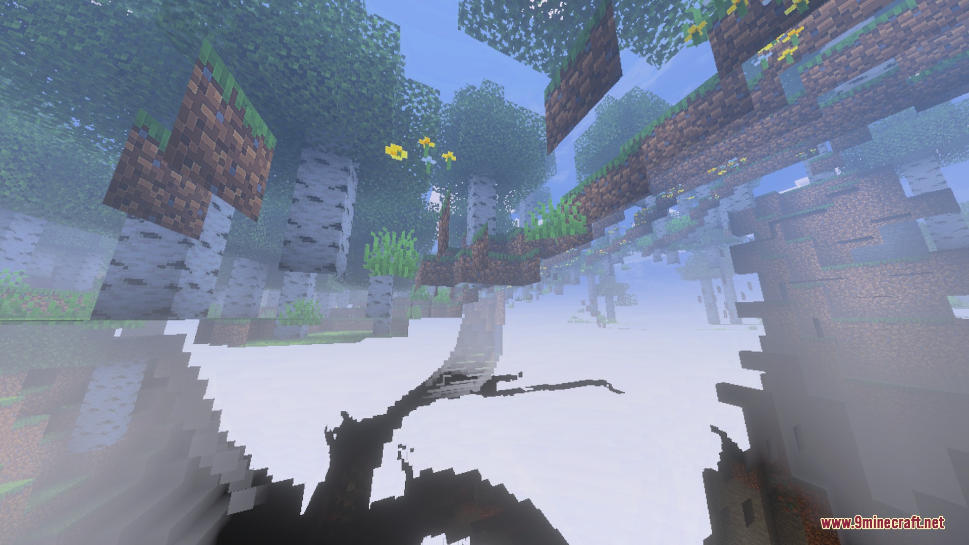 D’ Shader for Low End Phones Shader Screenshot 8 Thick white fog surrounds floating grass blocks and birch trees in a forest