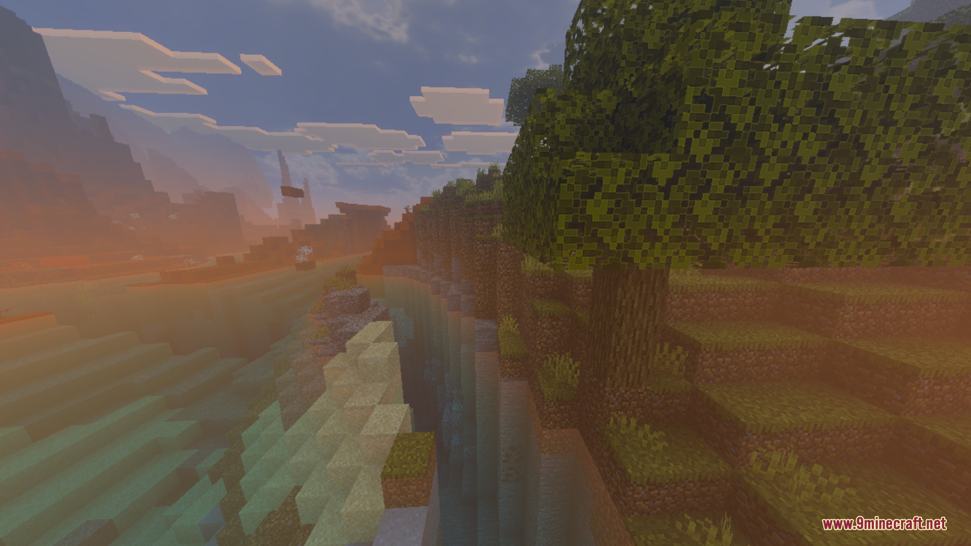 D’ Shader for Low End Phones Shader Screenshot 9 A scenic Minecraft landscape with a deep ravine and custom atmospheric fog effects