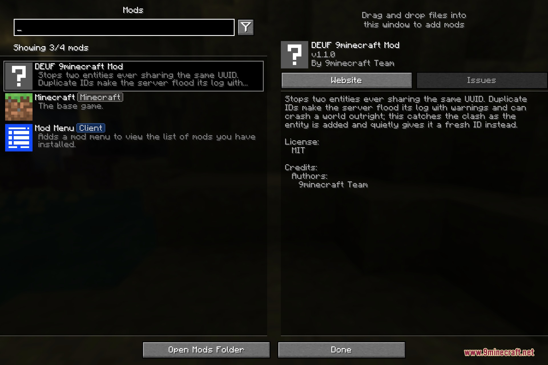 A Minecraft mod menu screen displaying the DEUF mod information and description