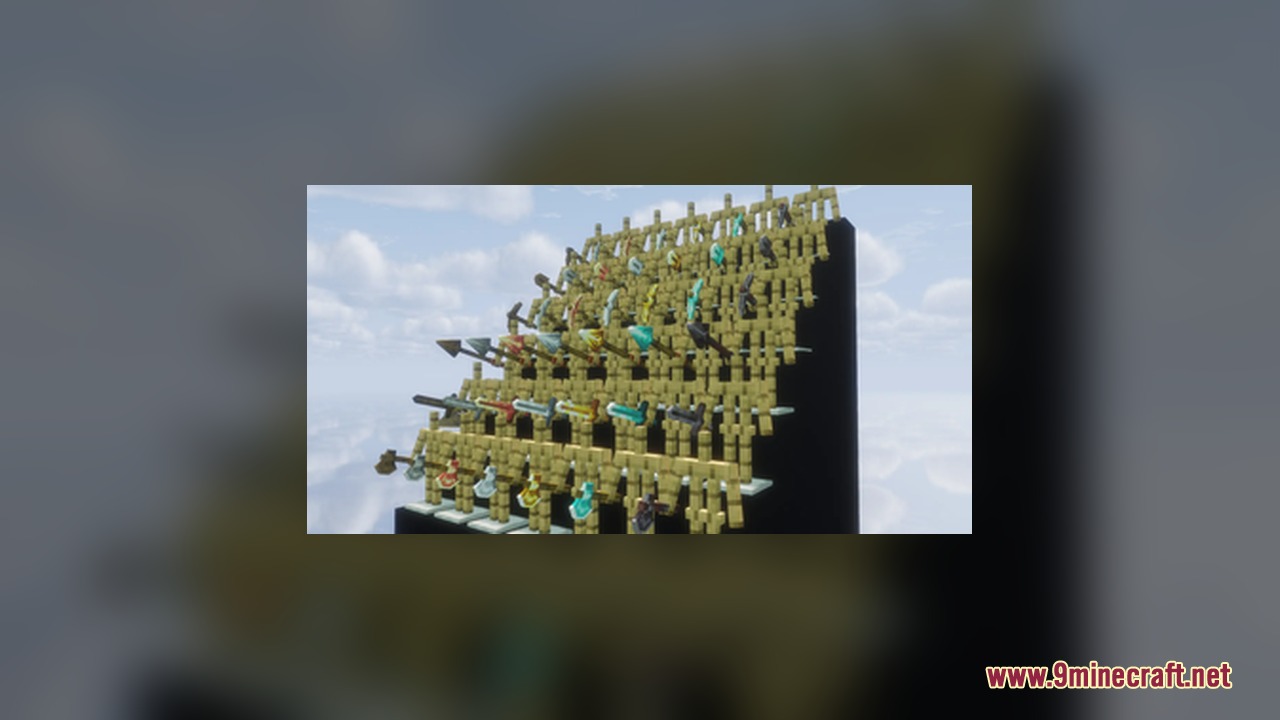 Multiple rows of three dimensional Minecraft tools and weapons displayed on armor stands