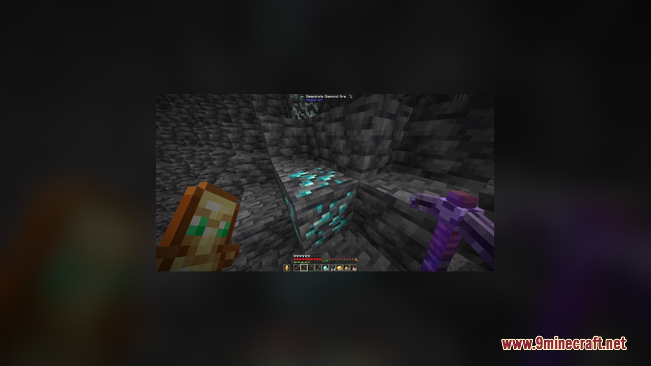 Player holding a thick three dimensional enchanted pickaxe near deepslate diamond ore