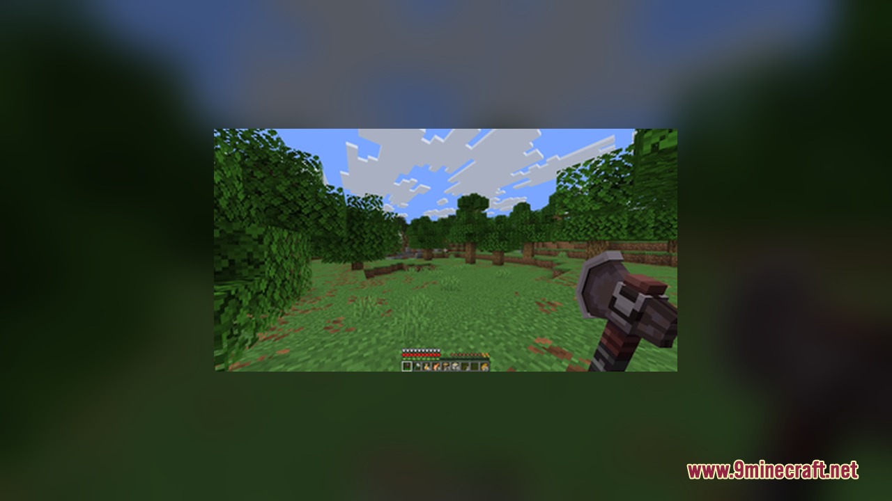 A player holds a three dimensional stone axe while exploring a green forest