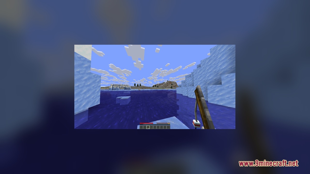 A player holds a three dimensional fishing rod model in an icy biome