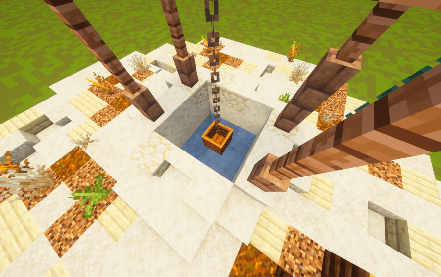 Desert Well Schematic Screenshots 3 A detailed sandstone desert well with wooden support beams and a hanging chain