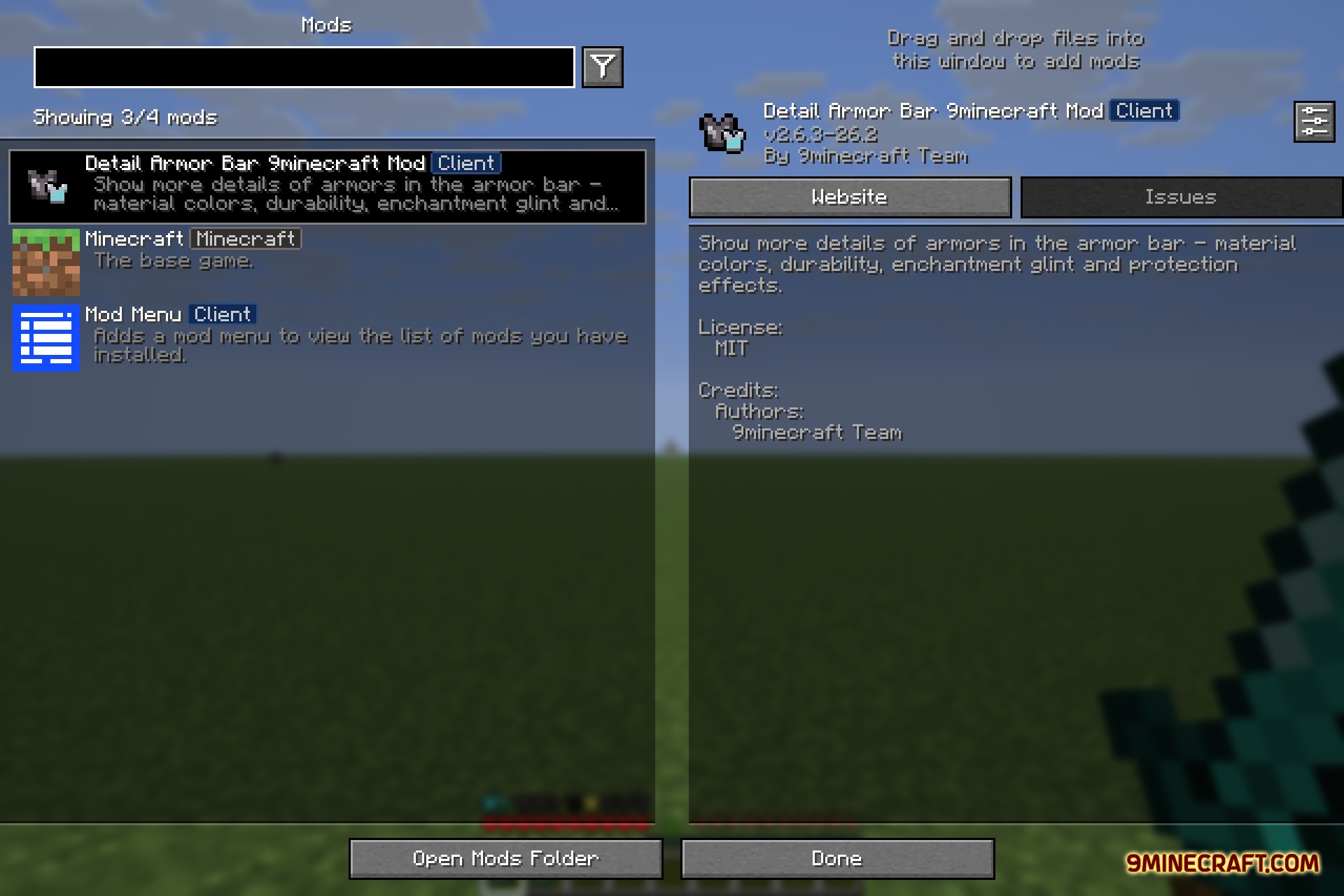 Detail Armor Bar 9minecraft Mod Screenshot 1 The mod menu screen showing the installed Detail Armor Bar client mod