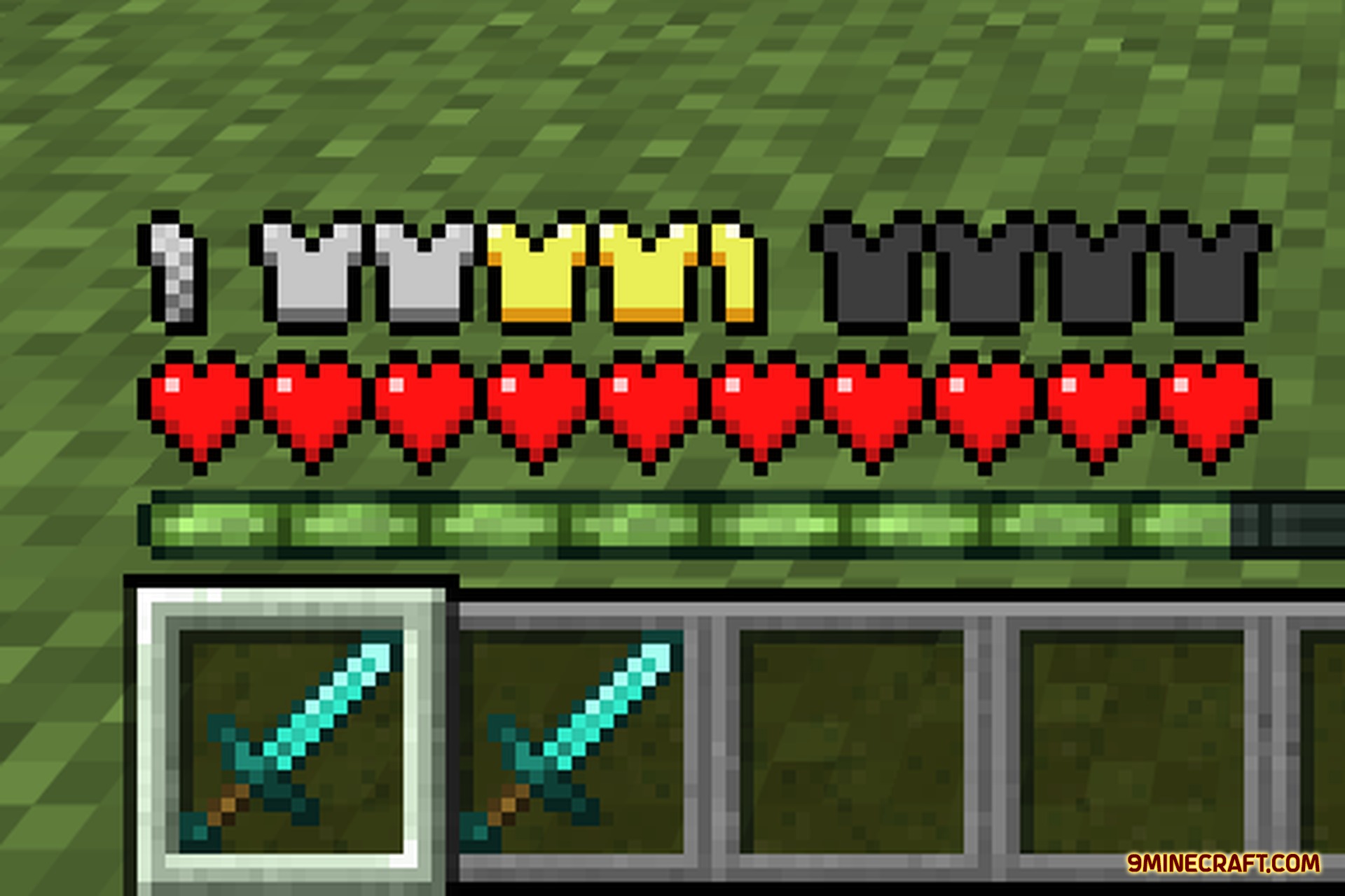Detail Armor Bar 9minecraft Mod Screenshot 3 Minecraft HUD displaying a detailed armor bar with iron and gold material icons
