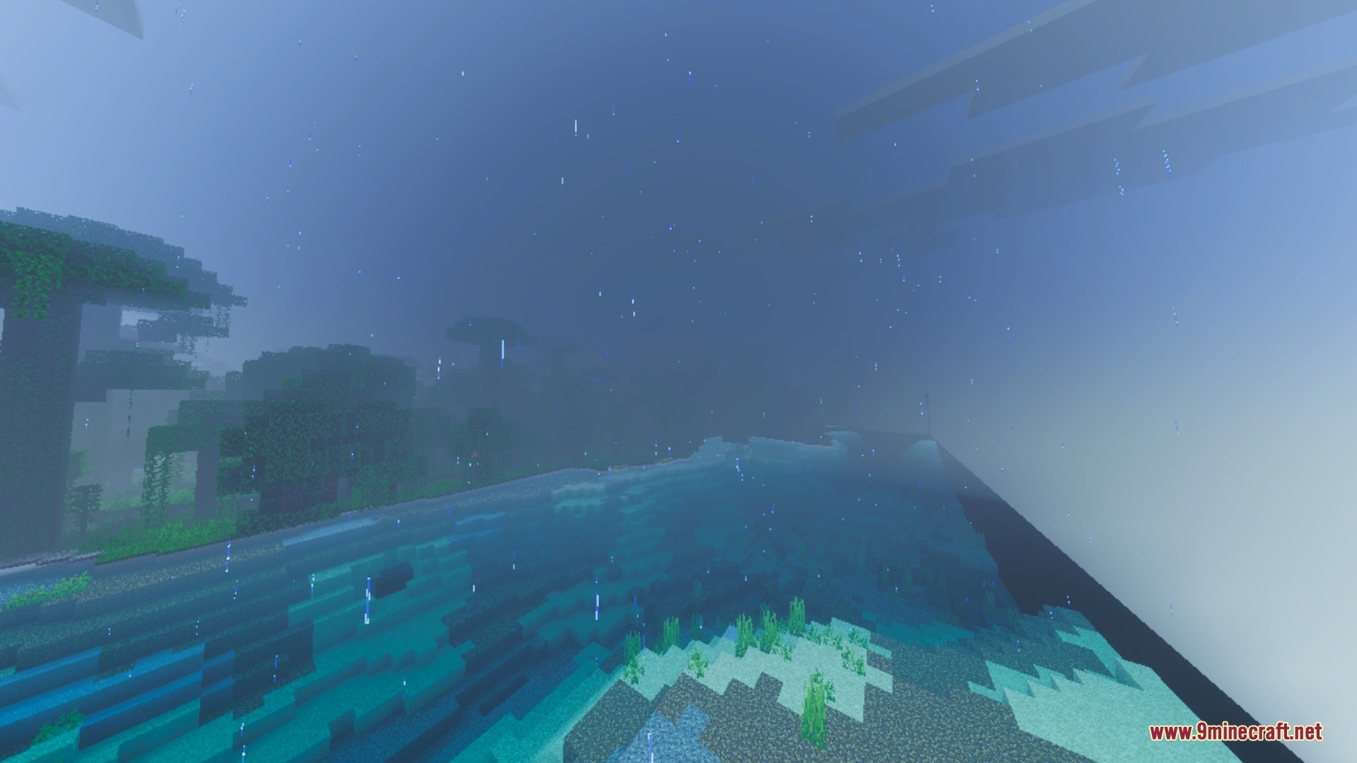 Devoured Visuals Shader Screenshot 1 Rain falls over a misty jungle biome with clear blue water