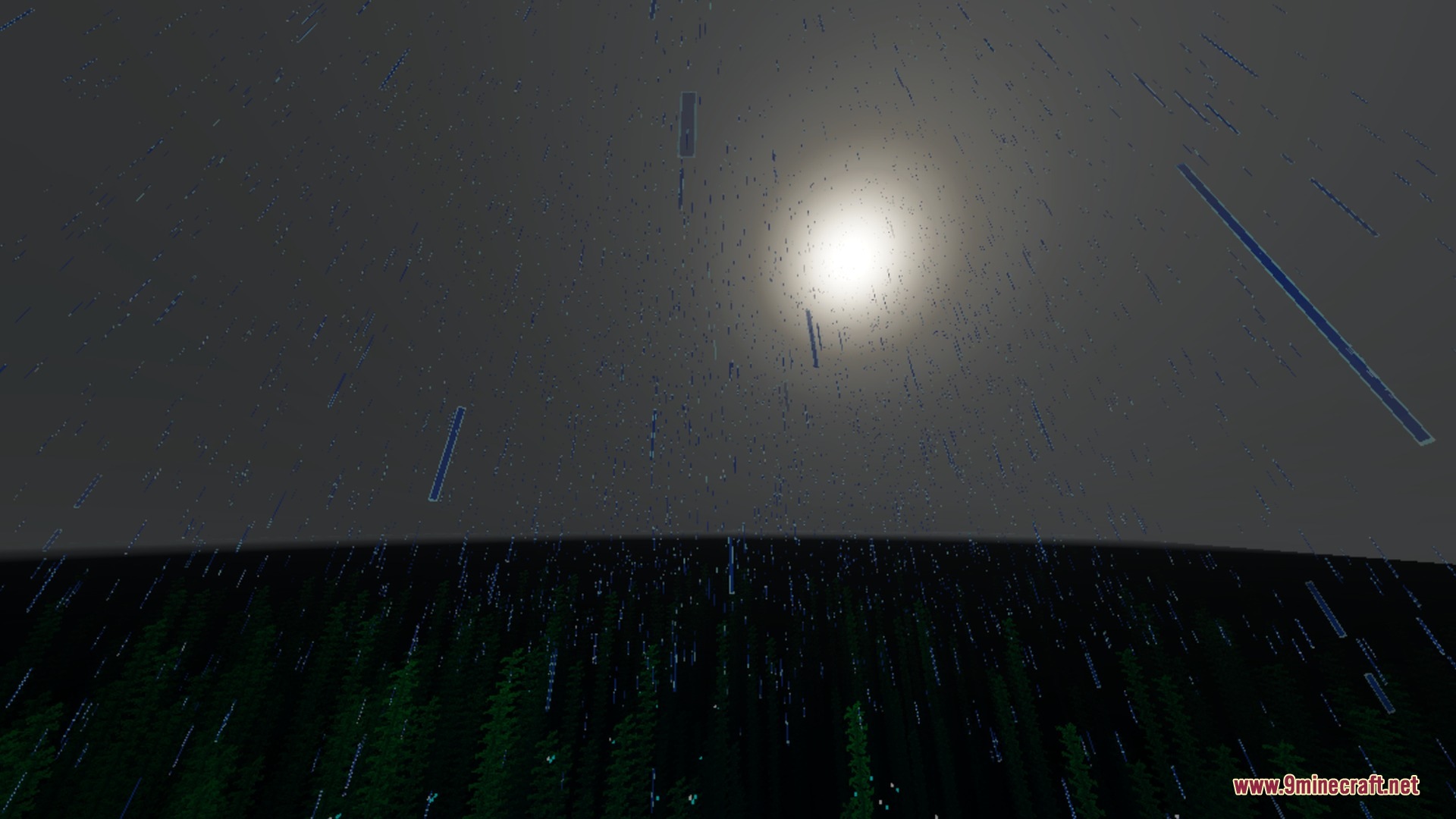 Devoured Visuals Shader Screenshot 10 Heavy rain falling over a dark forest under a bright glowing moon