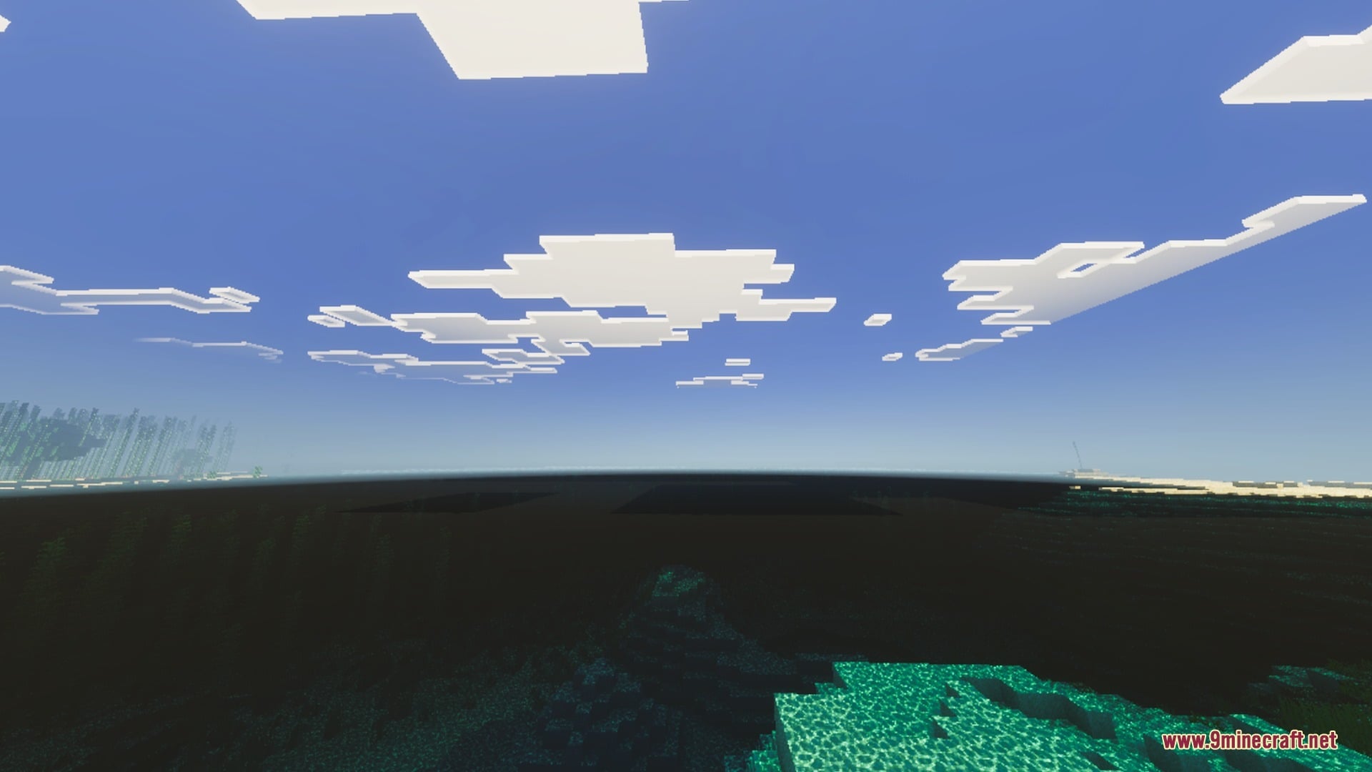 Devoured Visuals Shader Screenshot 2 Blocky white clouds drift across a clear sky above dark terrain