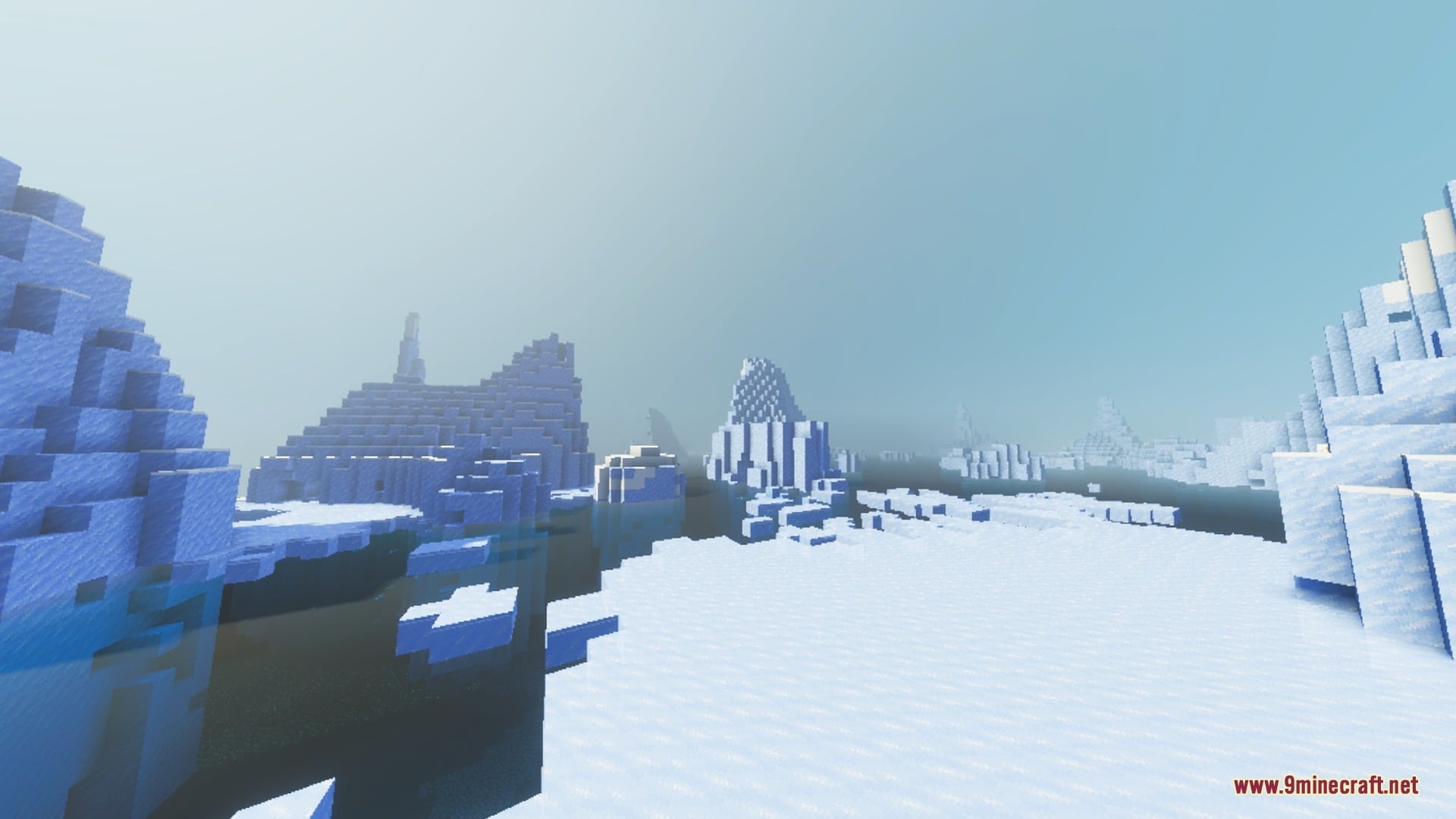 Devoured Visuals Shader Screenshot 3 Vibrant lighting enhances a frozen ocean biome filled with massive icebergs