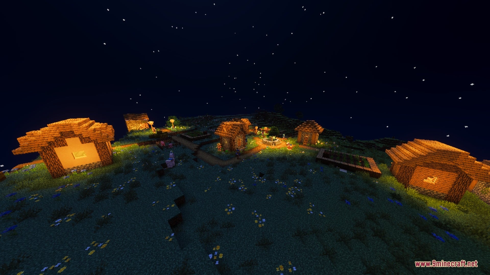 Devoured Visuals Shader Screenshot 4 A cozy village at night featuring warm lighting and a starry sky