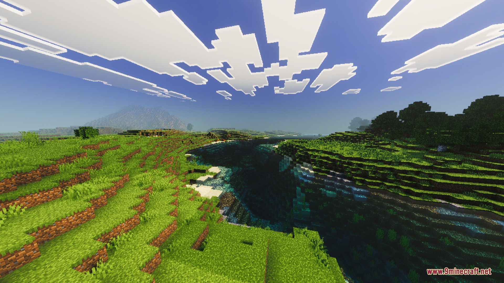 Devoured Visuals Shader Screenshot 5 Scenic Minecraft landscape featuring lush green hills and clear blue fantasy skies