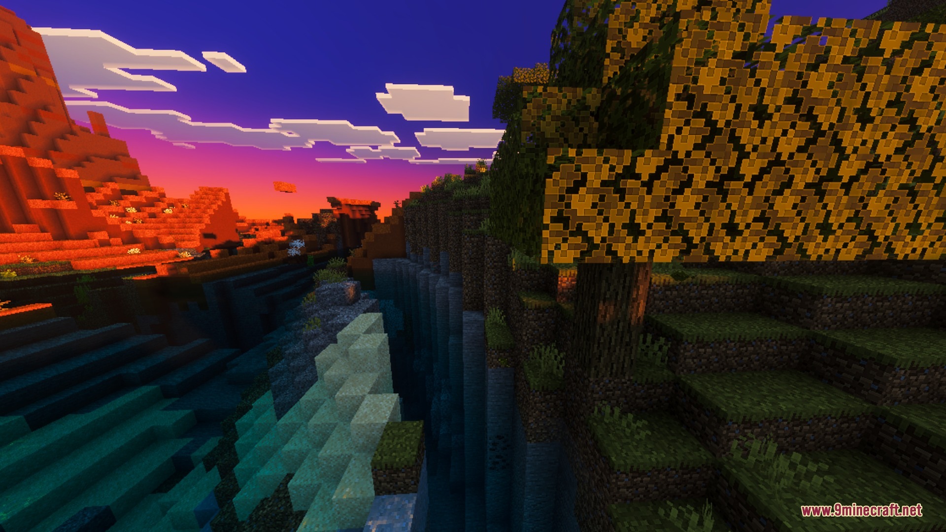 Devoured Visuals Shader Screenshot 8 Vibrant fantasy sunset colors illuminating a steep cliffside and forest biome
