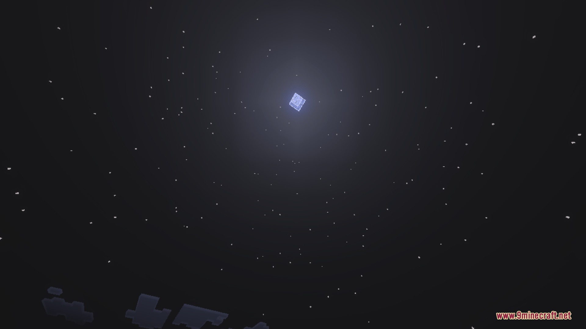 A bright square moon glows in a dark sky filled with many stars