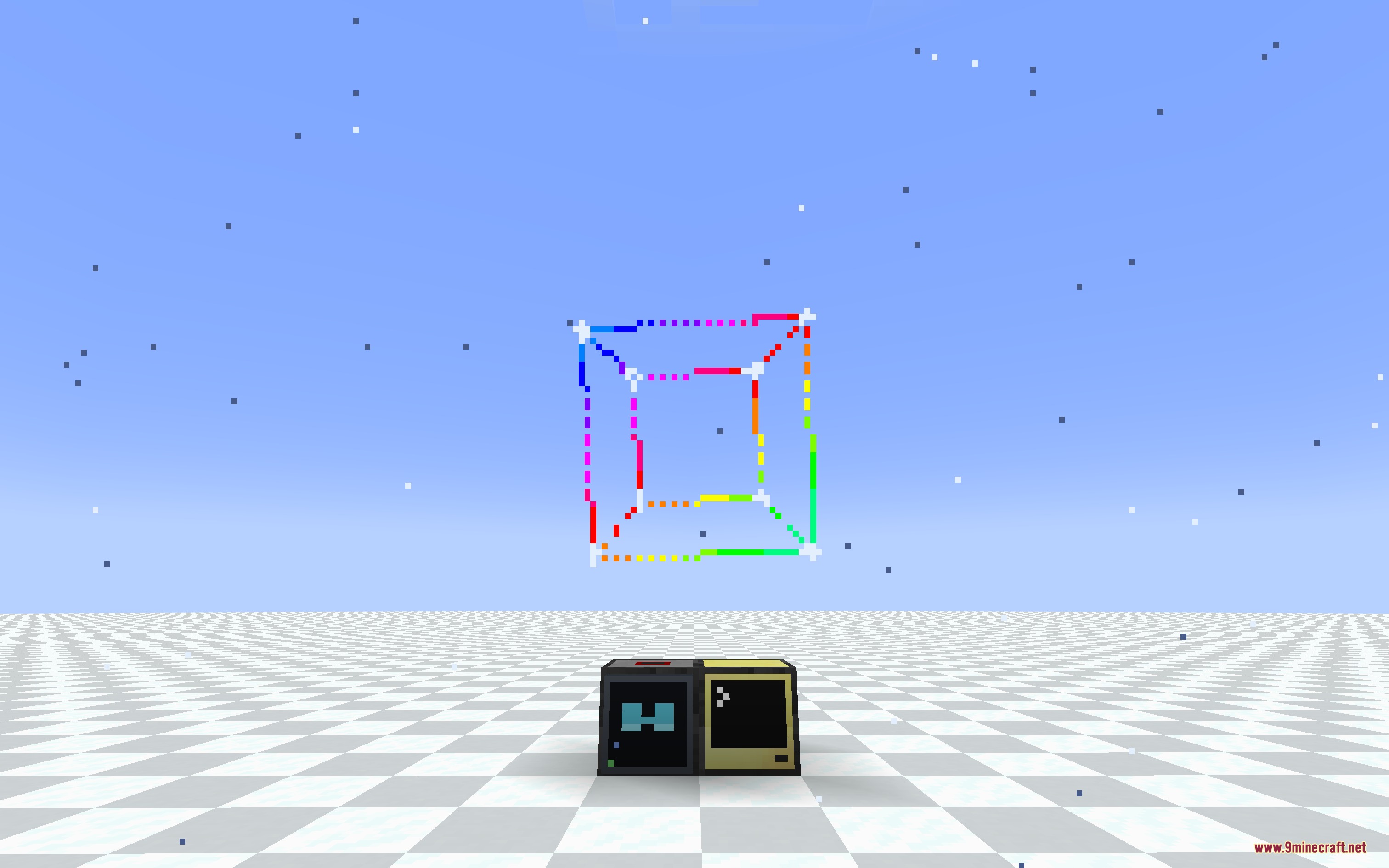 Digital Lens Feed Mod Screenshot 1 A rainbow wireframe cube floats above a computer and a HUD modem