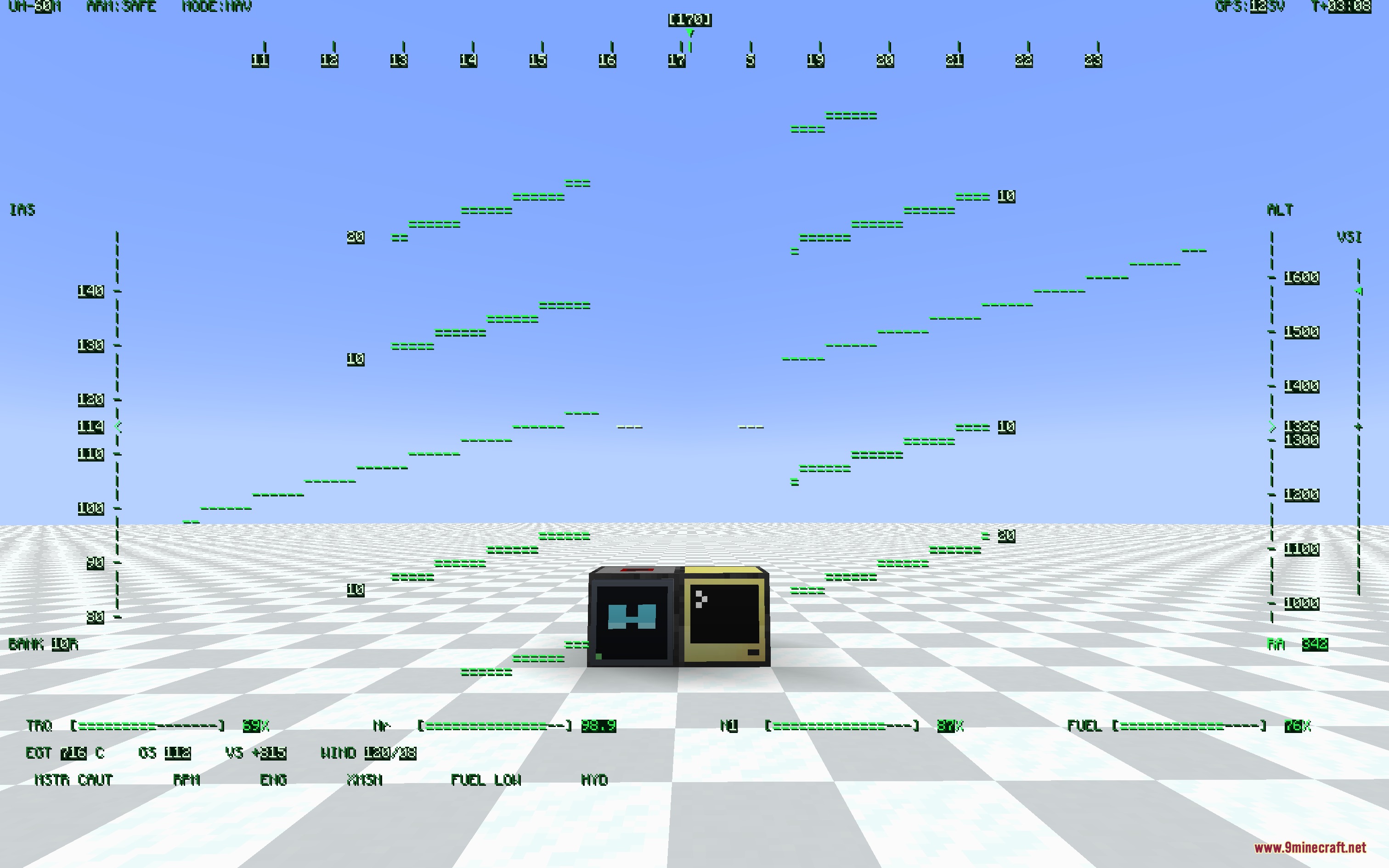Digital Lens Feed Mod Screenshot 3 A complex heads up display overlaying the Minecraft world with flight data