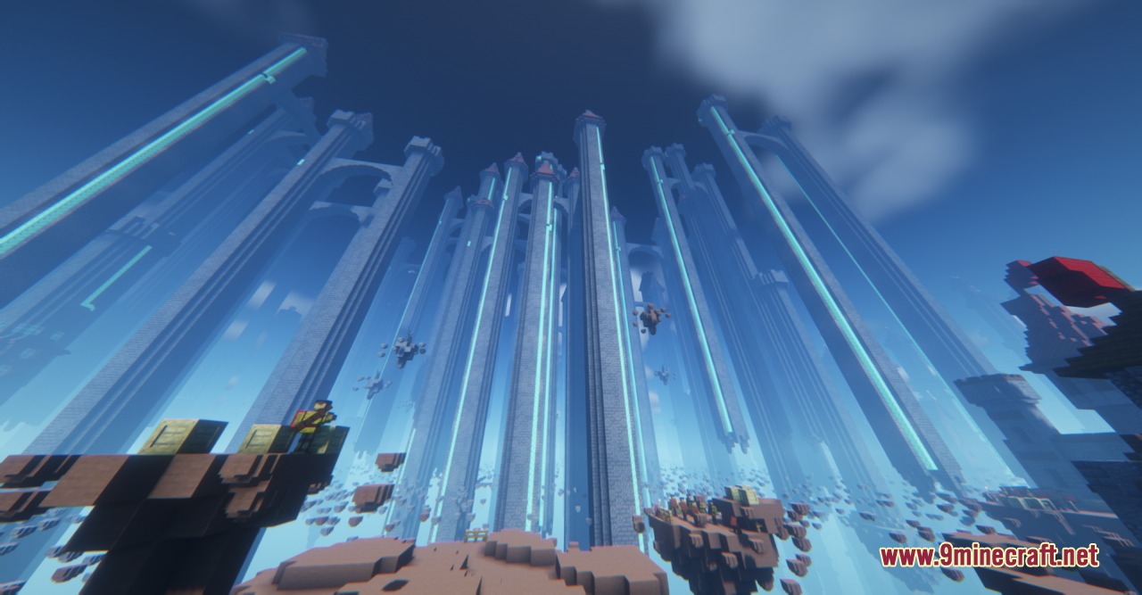 Digital Quest Chronicles Mod Screenshot 1 Massive glowing blue towers rising from floating islands in the digital dimension