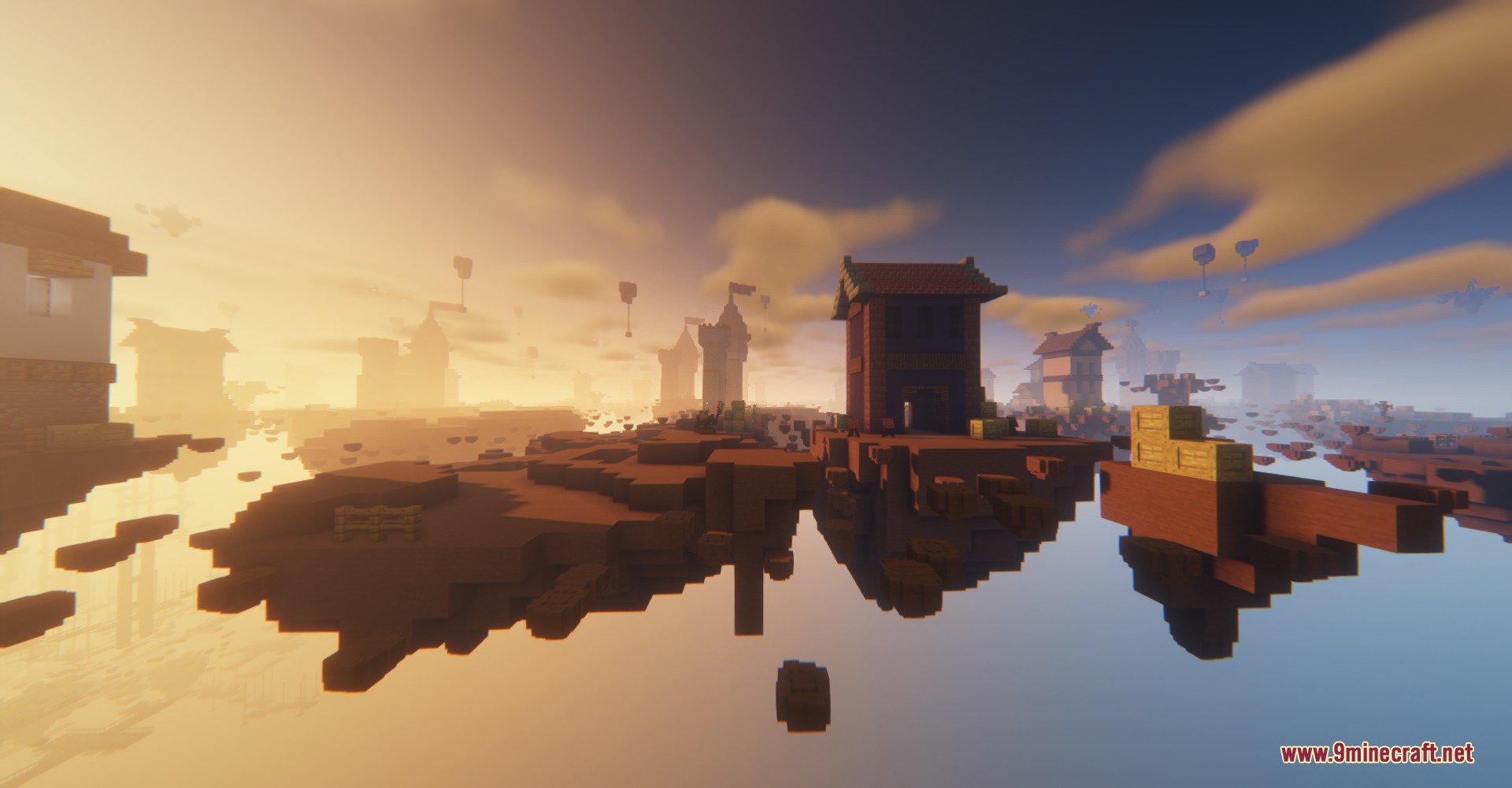 Digital Quest Chronicles Mod Screenshot 2 Small houses and buildings on floating islands during a golden sunset
