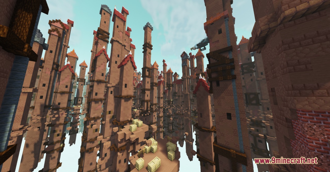 Digital Quest Chronicles Mod Screenshot 4 Tall brick towers with red roofs fill the skyline of the digital dimension