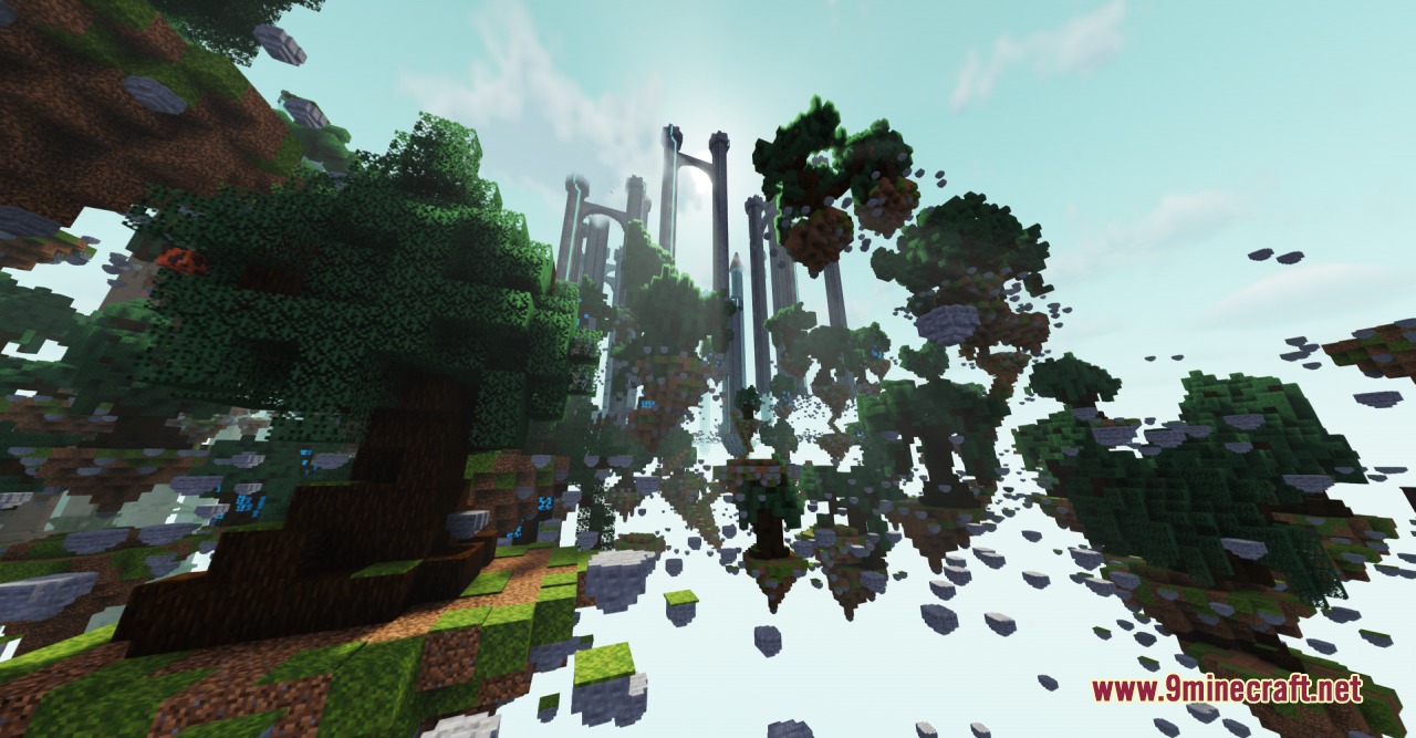 Digital Quest Chronicles Mod Screenshot 5 Floating islands with lush trees and tall stone towers in a custom dimension