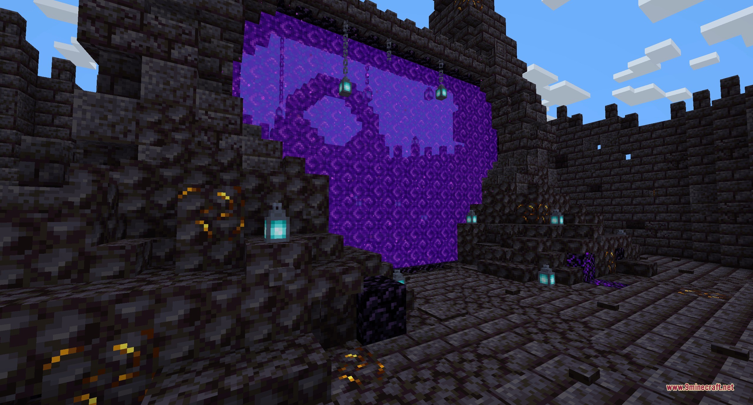 A large purple Nether portal decorated with soul lanterns and blackstone blocks