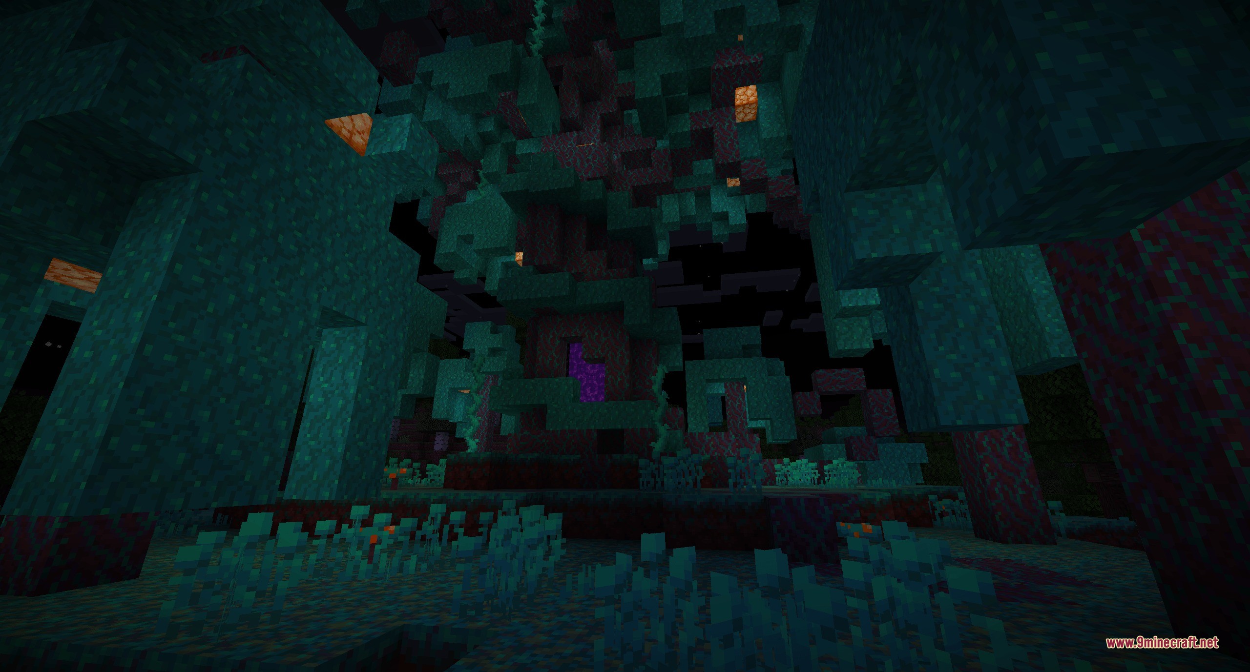 Warped forest portal structure surrounded by warped blocks in a dark forest