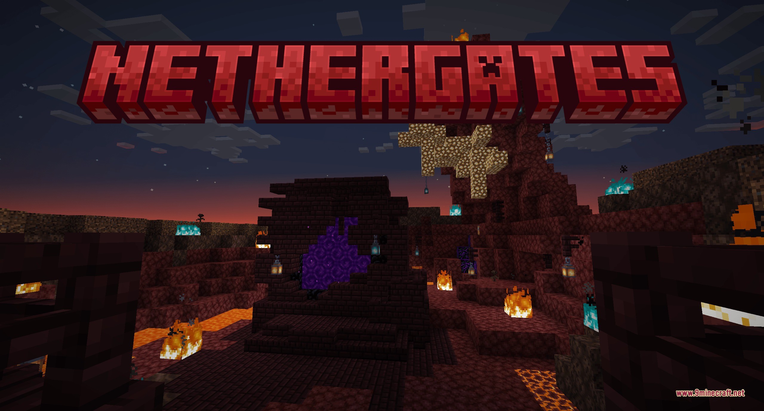 A nether portal structure at night featuring fire and glowing soul lanterns