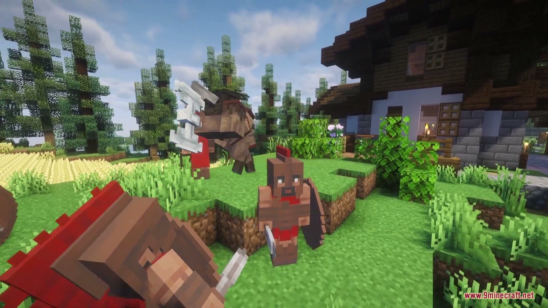 Divine Fates Intertwined Mod Screenshot 1 Spartan and Athenian warriors fighting near a house in the forest