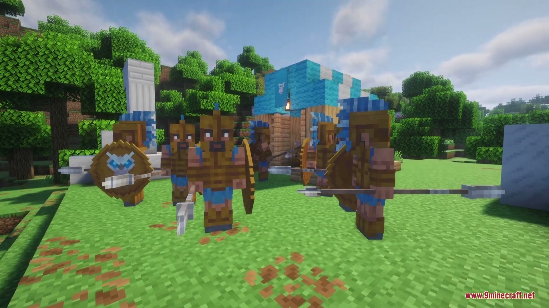 Divine Fates Intertwined Mod Screenshot 3 Athenian warriors with spears and shields stand near a blue tent