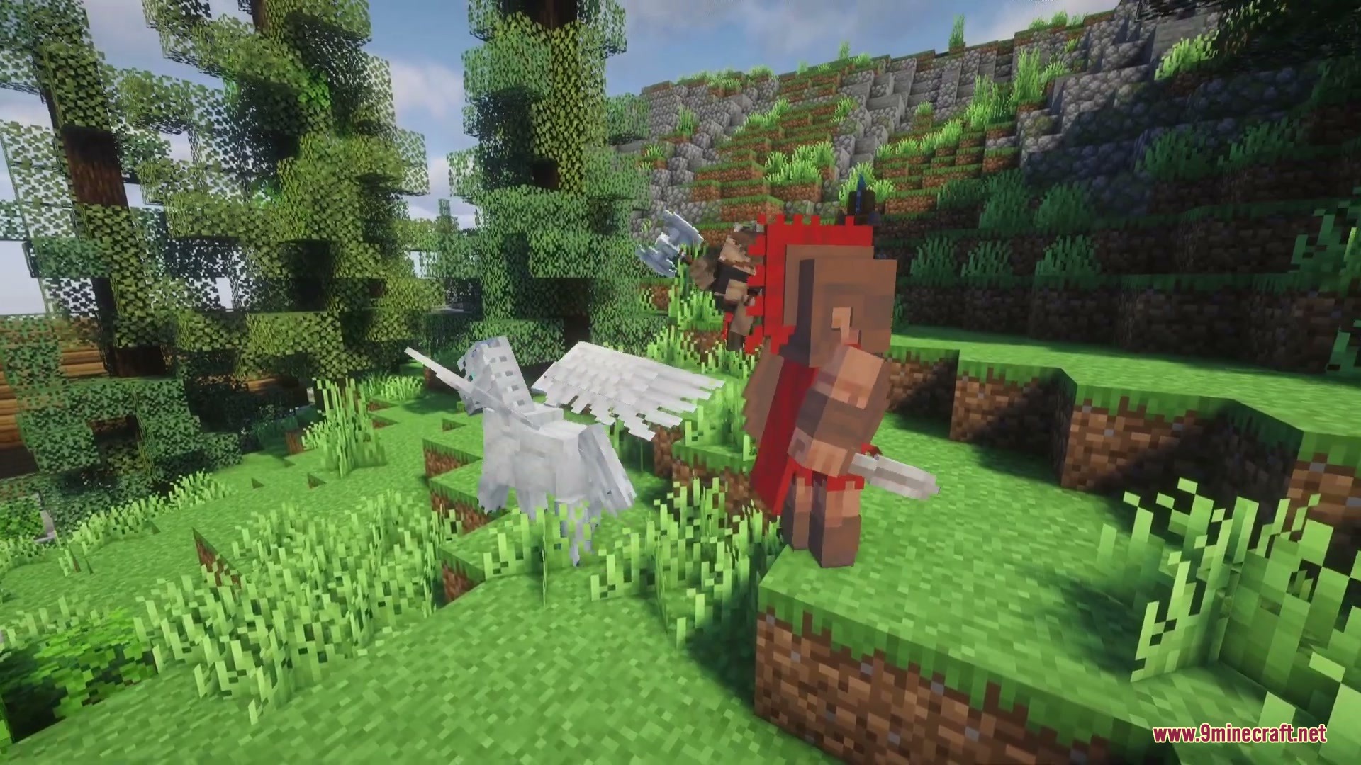 Divine Fates Intertwined Mod Screenshot 4 A Spartan warrior stands near a winged Pegasus in a forest