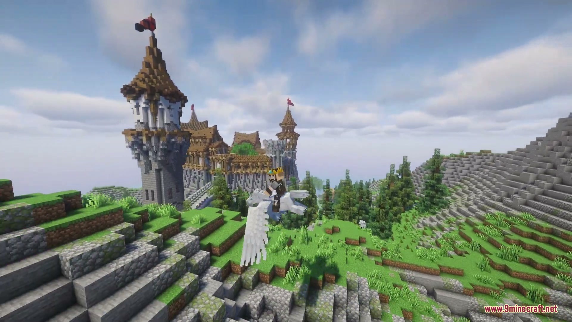 Divine Fates Intertwined Mod Screenshot 5 Player riding a white winged pegasus near a large stone castle tower