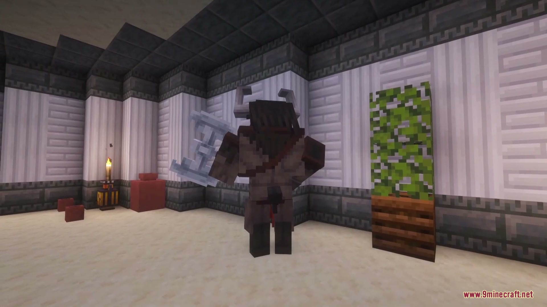 Divine Fates Intertwined Mod Screenshot 6 A minotaur holding a large axe stands inside a decorated stone chamber