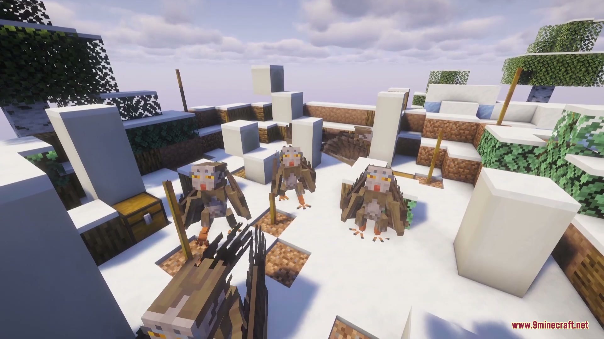 Divine Fates Intertwined Mod Screenshot 7 Harpies standing in a snowy mountain camp near stone structures and chests