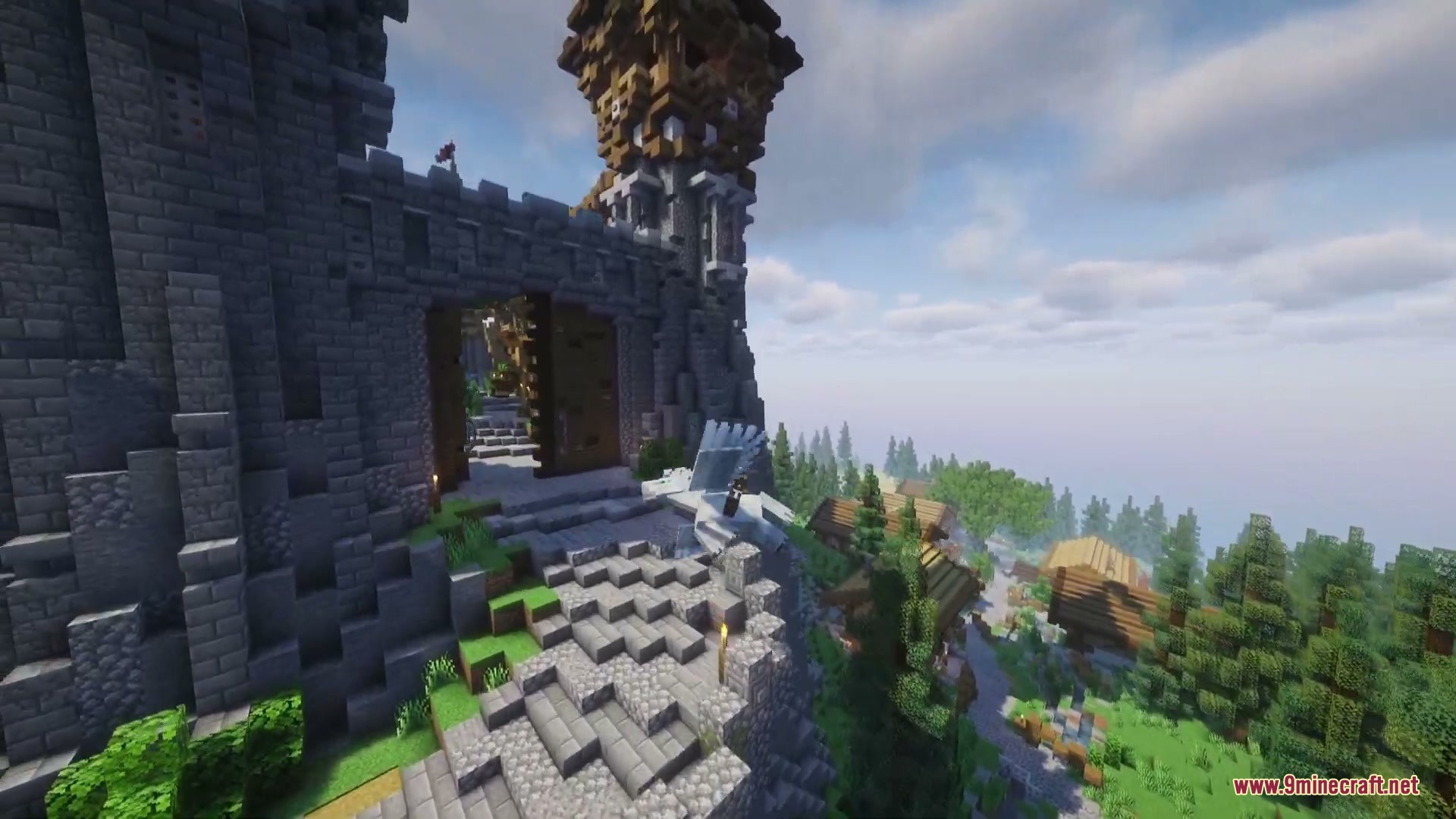 Divine Fates Intertwined Mod Screenshot 8 White pegasus flying near a large stone fortress overlooking a forest village