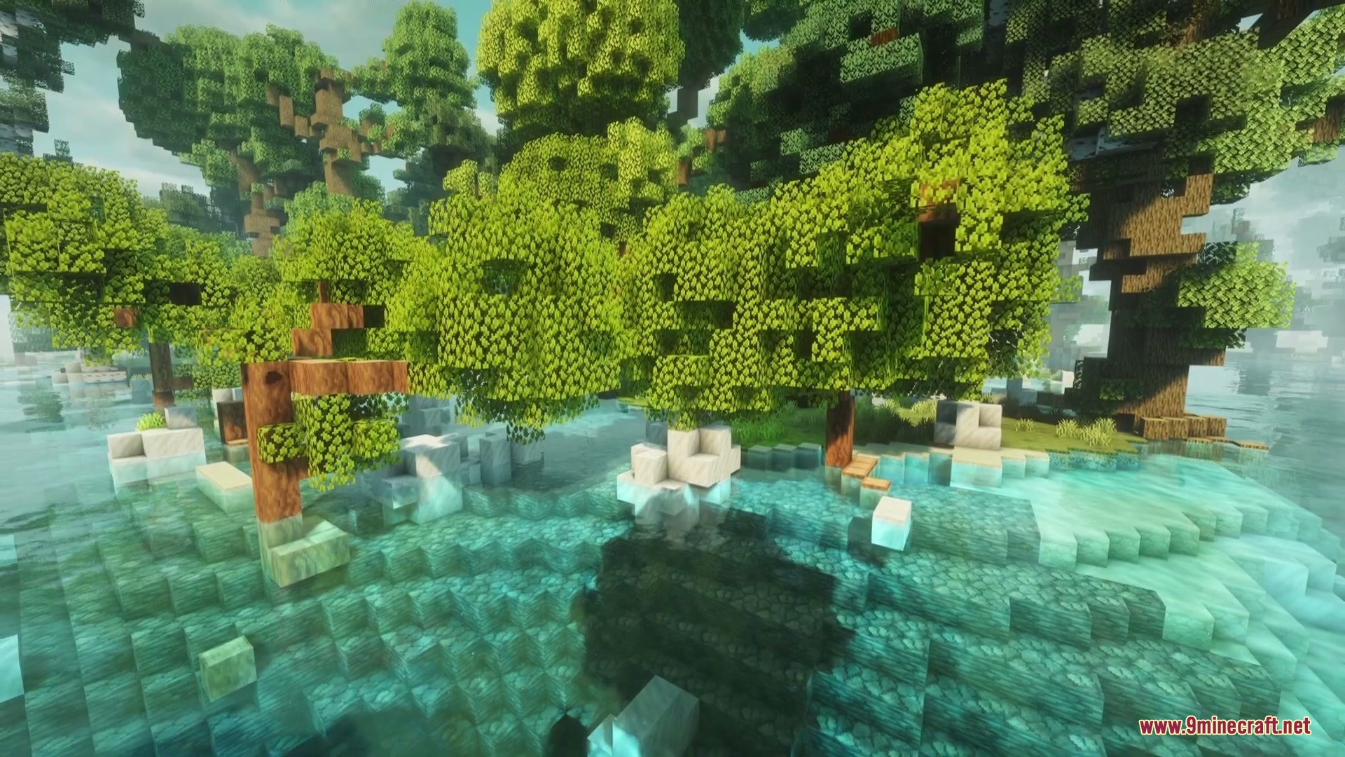 A lush Mediterranean forest biome in Minecraft with clear water and trees