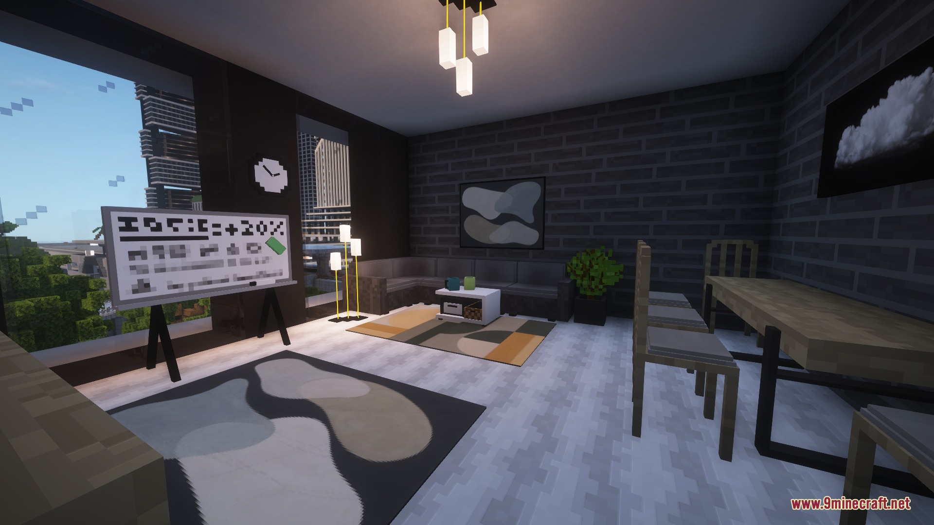 Modern living room featuring a sofa and rugs with a whiteboard