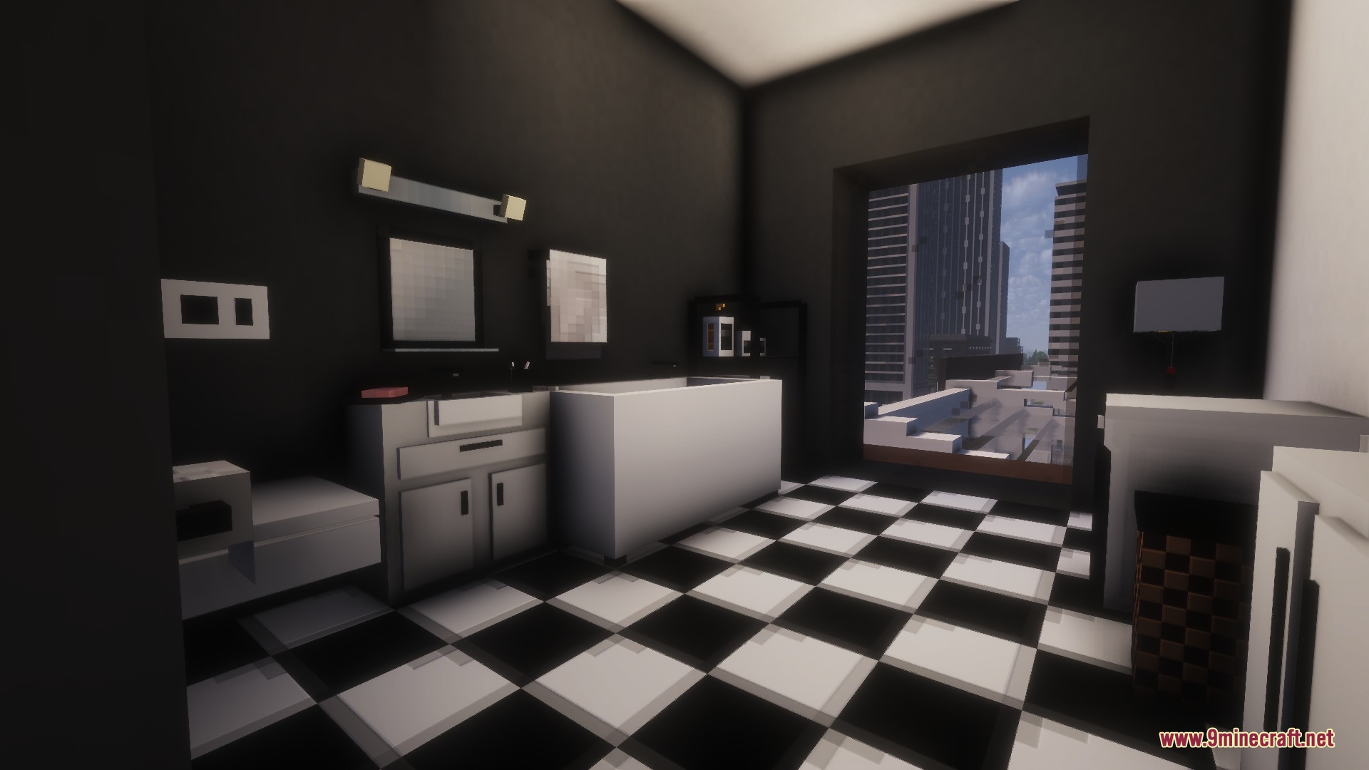 Contemporary bathroom interior with checkered flooring and a large window overlooking the city