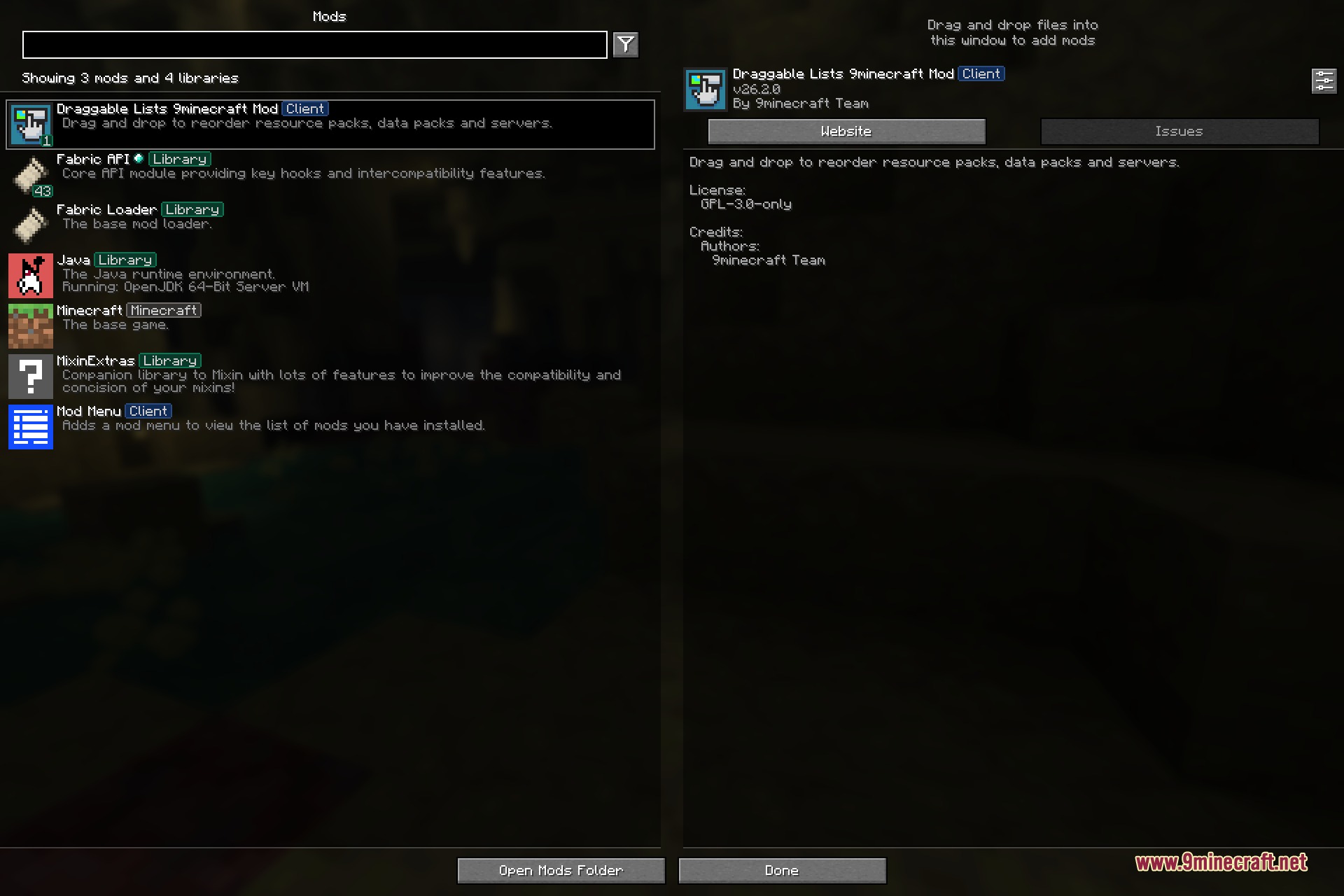Draggable Lists 9minecraft Mod Screenshot 1 Minecraft mod menu screen displaying a list of installed game modifications