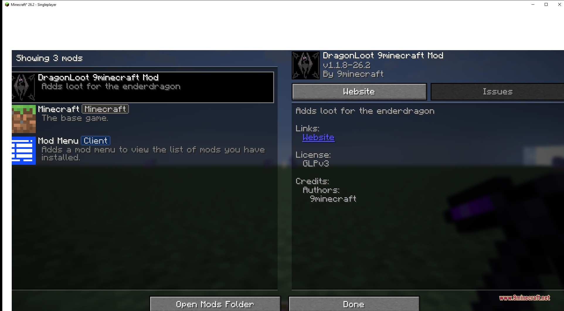 The Minecraft mod menu displays information about the DragonLoot endgame gear mod