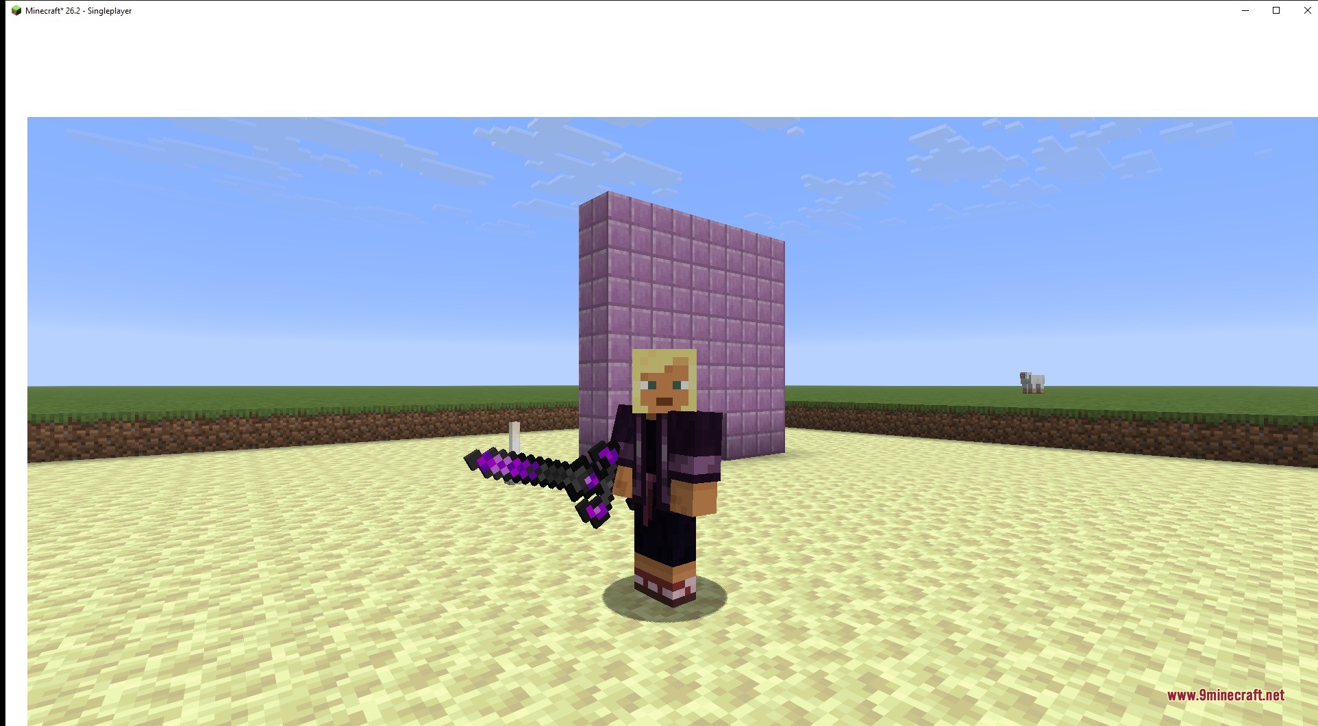 A player character wearing dark purple dragon scale armor and holding a sword