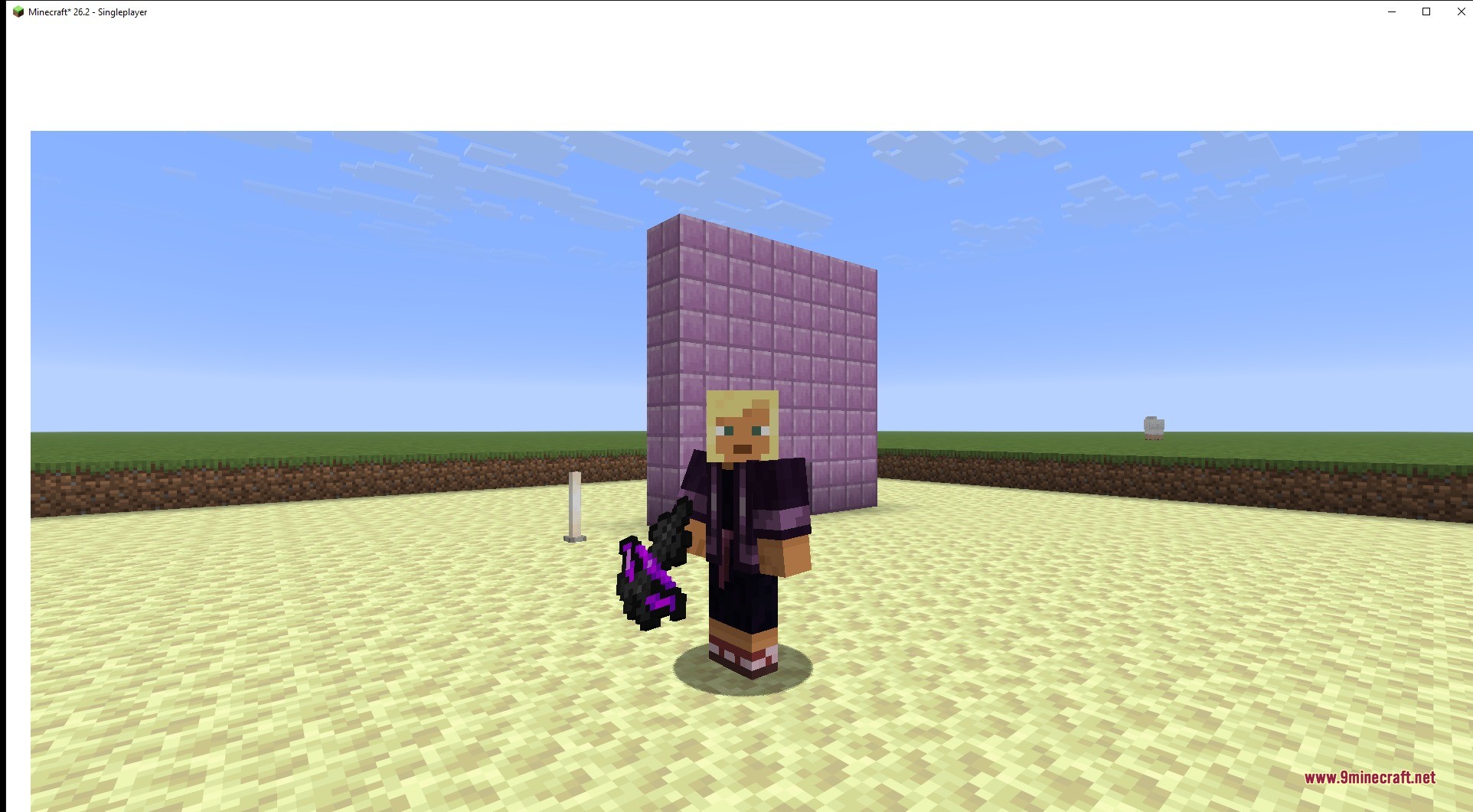 A player character holding a powerful dark purple dragon scale crossbow