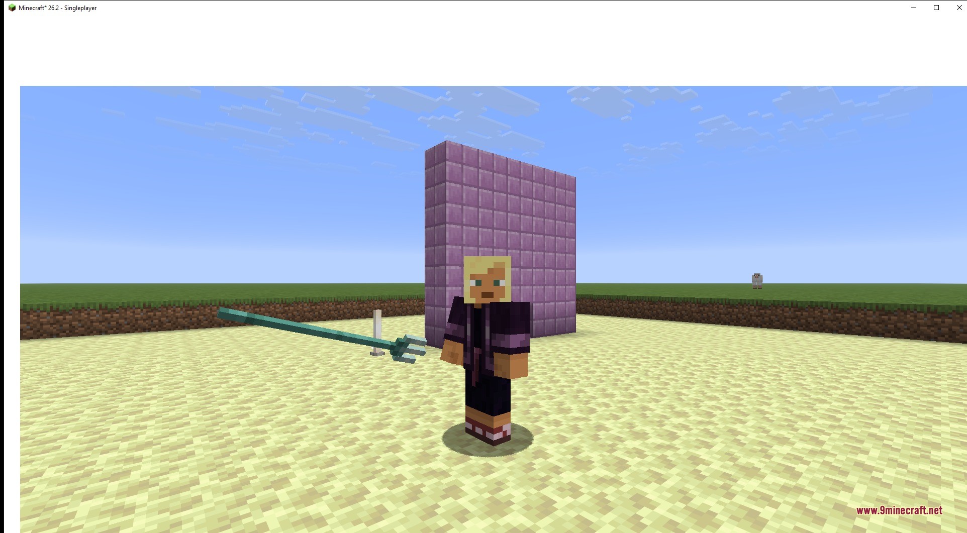 A player character wielding a sleek teal dragon scale trident on end stone