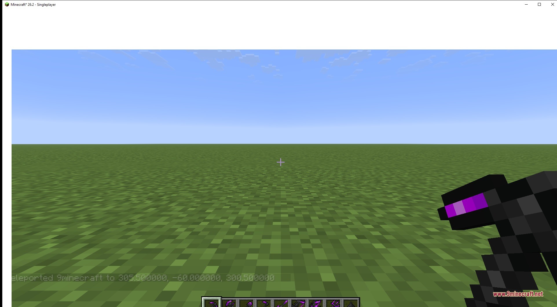 A player holds a powerful dragon scale pickaxe in a flat world