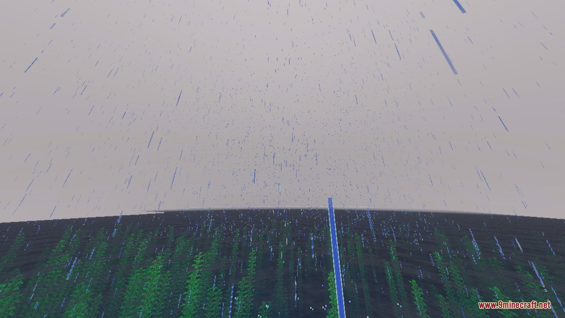 Rain falling over a dark forest with realistic lighting and soft tones