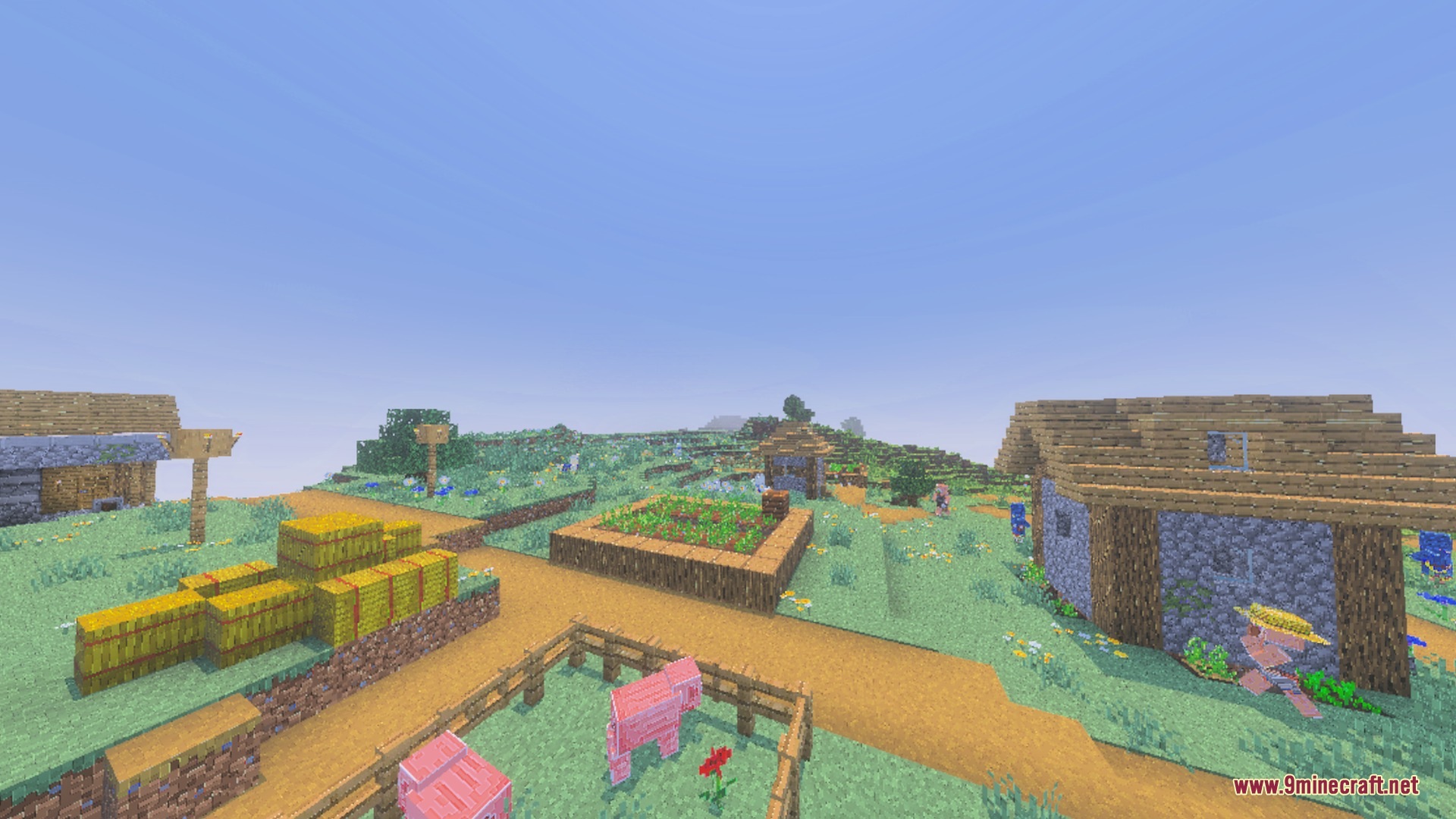 A peaceful Minecraft village with hay bales and pigs under soft vibrant lighting
