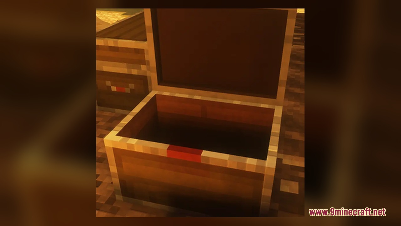Dungeons Chest Resource Pack Screenshot 4 An open wooden chest with a red latch sits on the ground