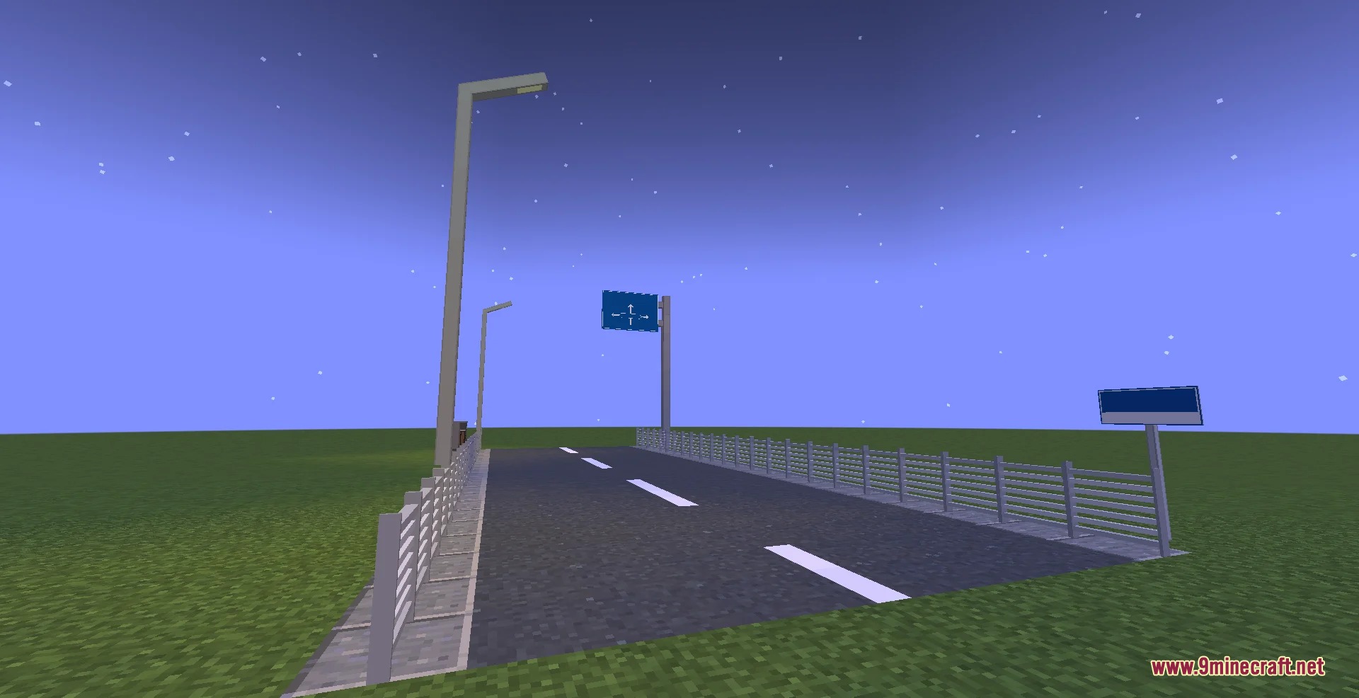 Dynasty Stoneworks Mod asphalt road with street lights and blue traffic signs