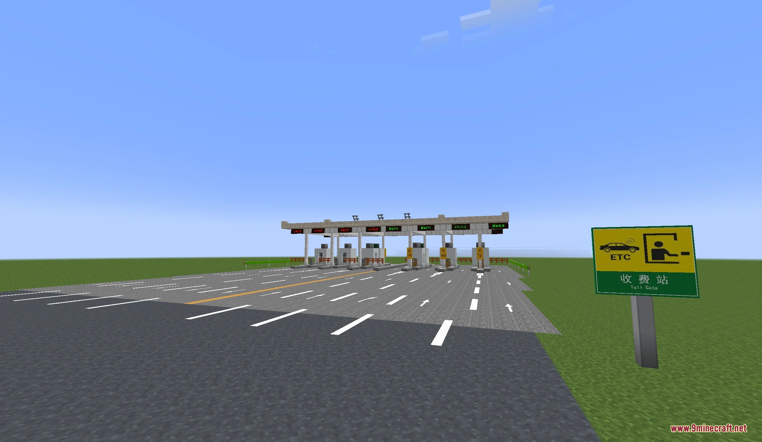 Minecraft highway toll gate with multiple lanes and a green traffic sign